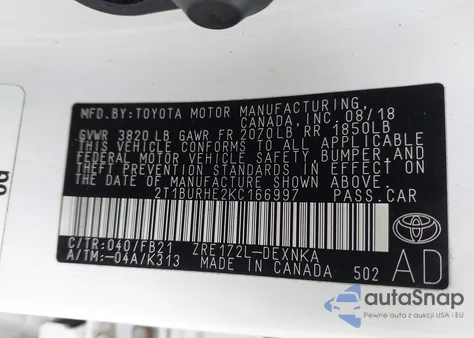 2019 Toyota Corolla Le from USA, damaged, VIN 2T1BURHE2KC166997